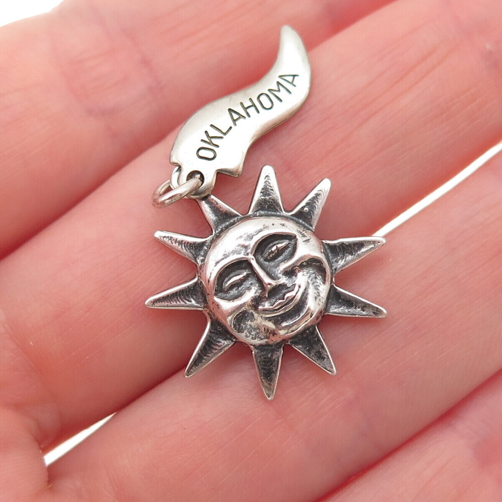 925 Sterling Silver Vintage Oklahoma Sun Face Oxidized Mini Charm Pendant